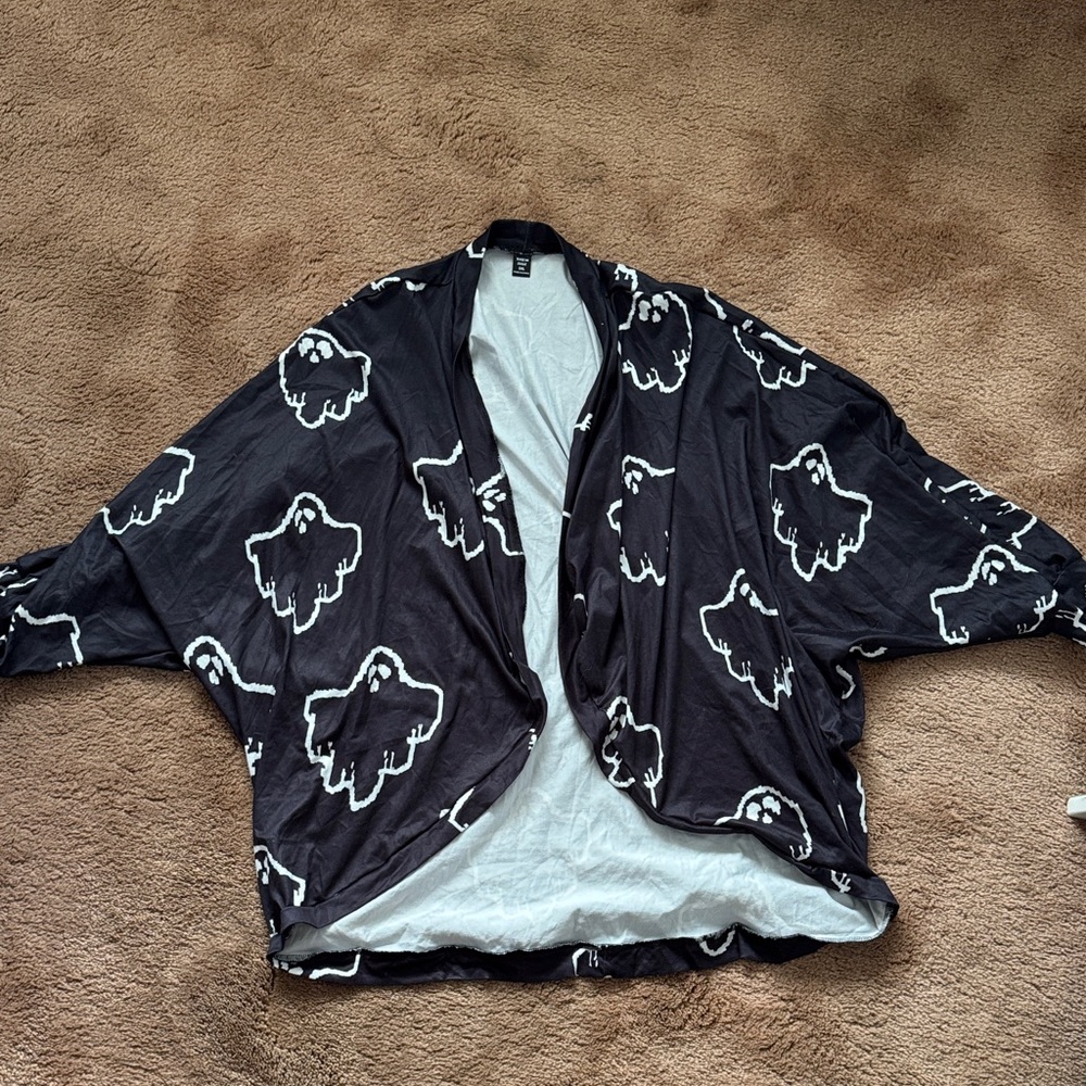 SHEIN Black Kimono with White Ghost Pattern